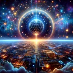 A digital art of a sphere with lights and clouds