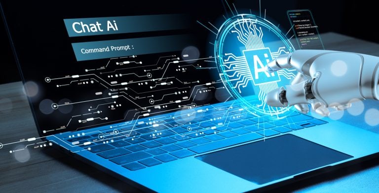 Featured image of robotic hand using AI command prompt for a futuristic concept.