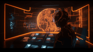 Orange futuristic image of programmer with multiple computer screens
