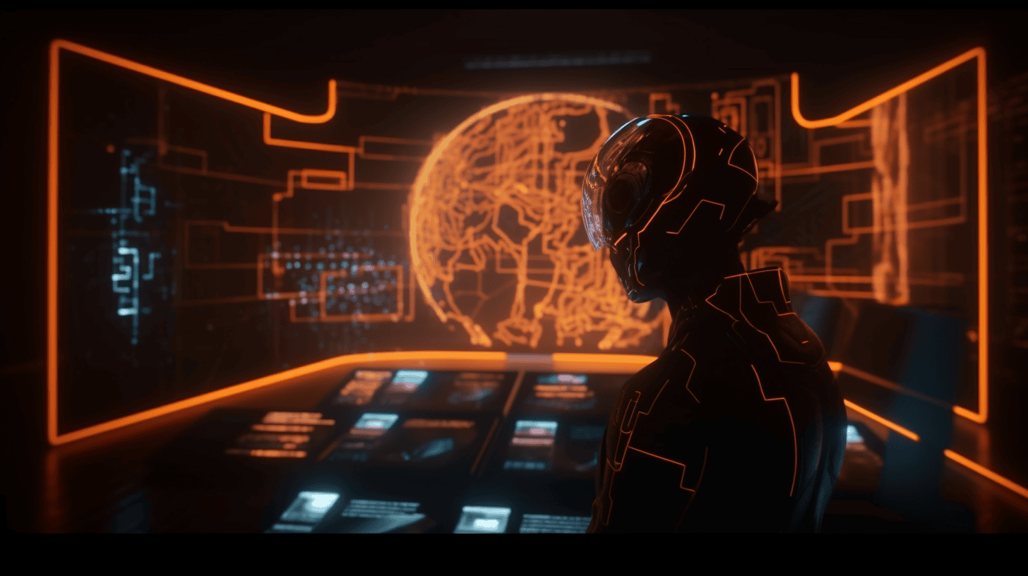 Orange futuristic image of programmer with multiple computer screens